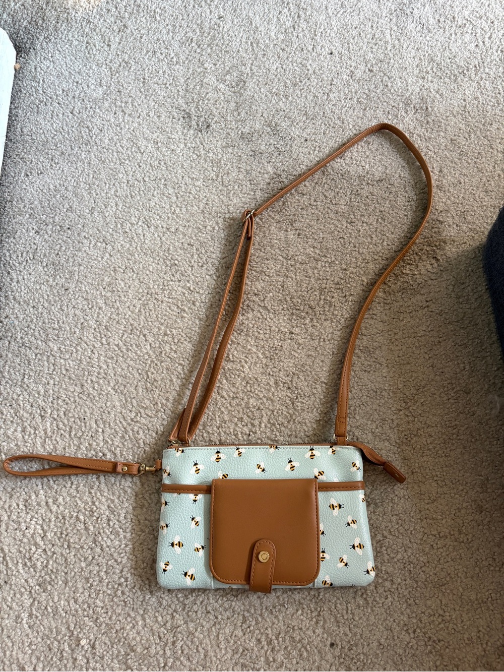 Light Blue Bee-Print Crossbody with Tan Trim and Front Pocket